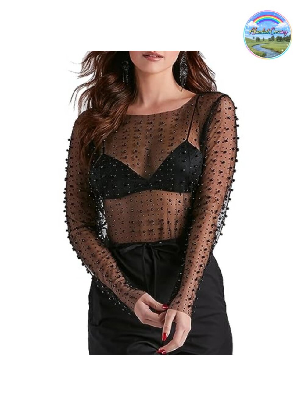 Sexy See Through Pearl Rhinestone Beaded Crop Top Y2K Sheer Mesh Clubwear